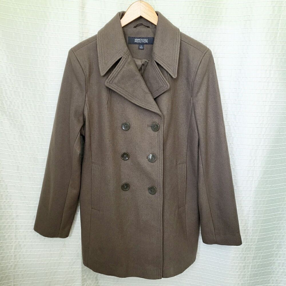 Kenneth Cole Reaction Double Breasted Pea Coat Wool Blend Taupe Womens XL